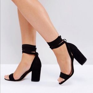 Black Tie Up Block Heeled Sandals, Size 6